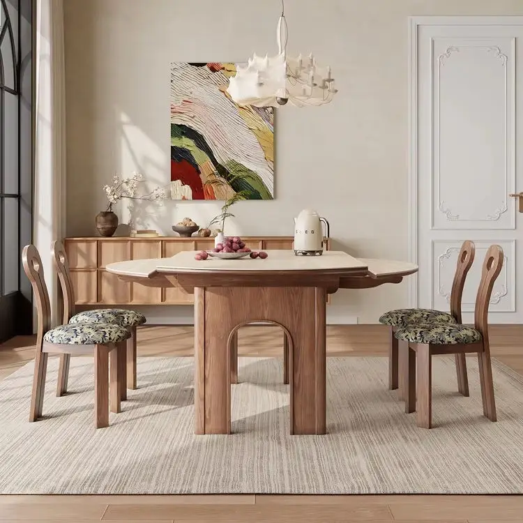 French Retro Style Dining Table Chairs Modern Design Telescopic Folding Feature for Small Apartments Hotels Square Living Room — image 3