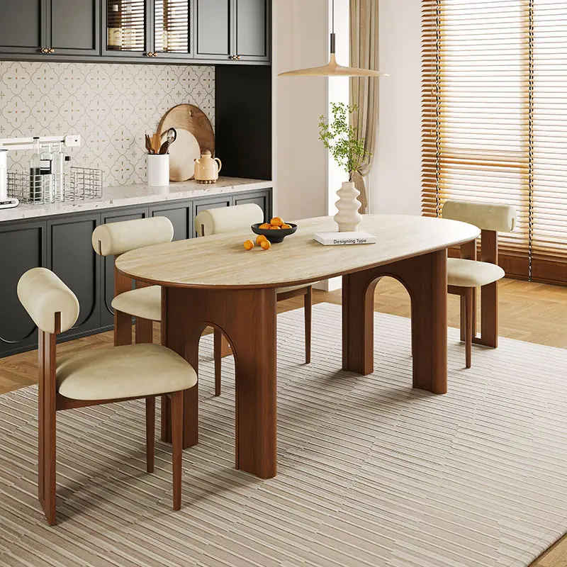 American Retro Antiqued Dining Table Chair Set Solid Wood Modern Simple Design Oval Shape for Small Apartments Modern Homes — image 2