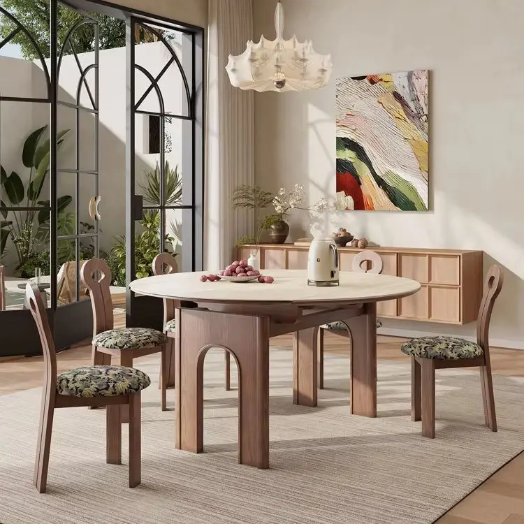 French Retro Style Dining Table Chairs Modern Design Telescopic Folding Feature for Small Apartments Hotels Square Living Room — image 5