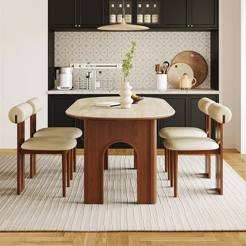 American Retro Antiqued Dining Table Chair Set Solid Wood Modern Simple Design Oval Shape for Small Apartments Modern Homes — image 3