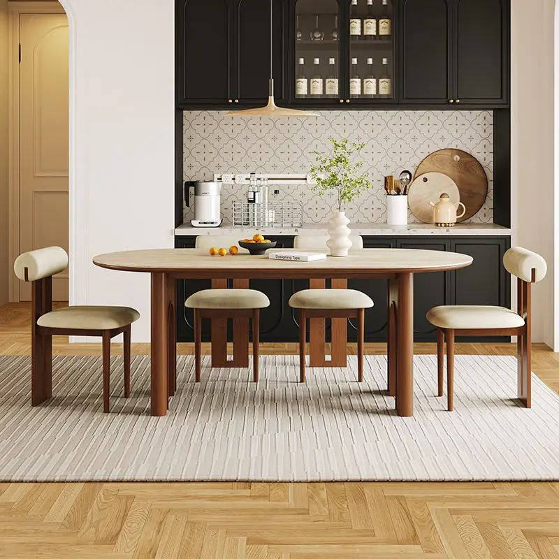 American Retro Antiqued Dining Table Chair Set Solid Wood Modern Simple Design Oval Shape for Small Apartments Modern Homes — image 4