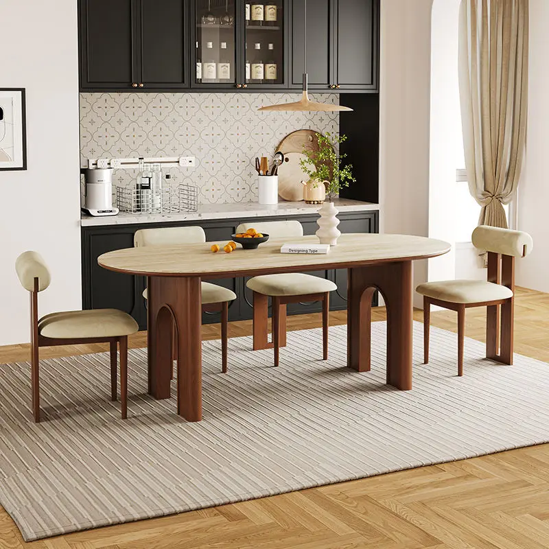 American Retro Antiqued Dining Table Chair Set Solid Wood Modern Simple Design Oval Shape for Small Apartments Modern Homes — image 5