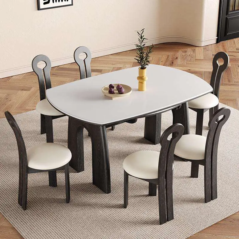 Modern Simple Design Light Luxury Solid Wood Dining Table Chair Set Retractable Rock Plate Foldable for Small Living Roo — view 1