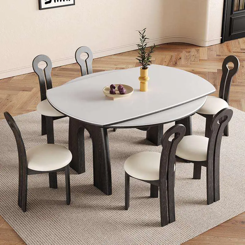 Modern Simple Design Light Luxury Solid Wood Dining Table Chair Set Retractable Rock Plate Foldable for Small Living Room — image 2