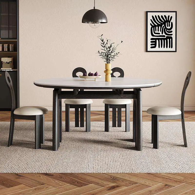 Modern Simple Design Light Luxury Solid Wood Dining Table Chair Set Retractable Rock Plate Foldable for Small Living Room — image 3