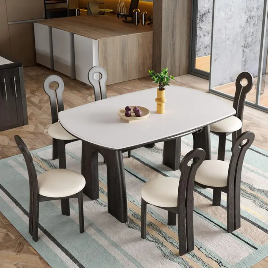 Modern Simple Design Light Luxury Solid Wood Dining Table Chair Set Retractable Rock Plate Foldable for Small Living Room — image 4