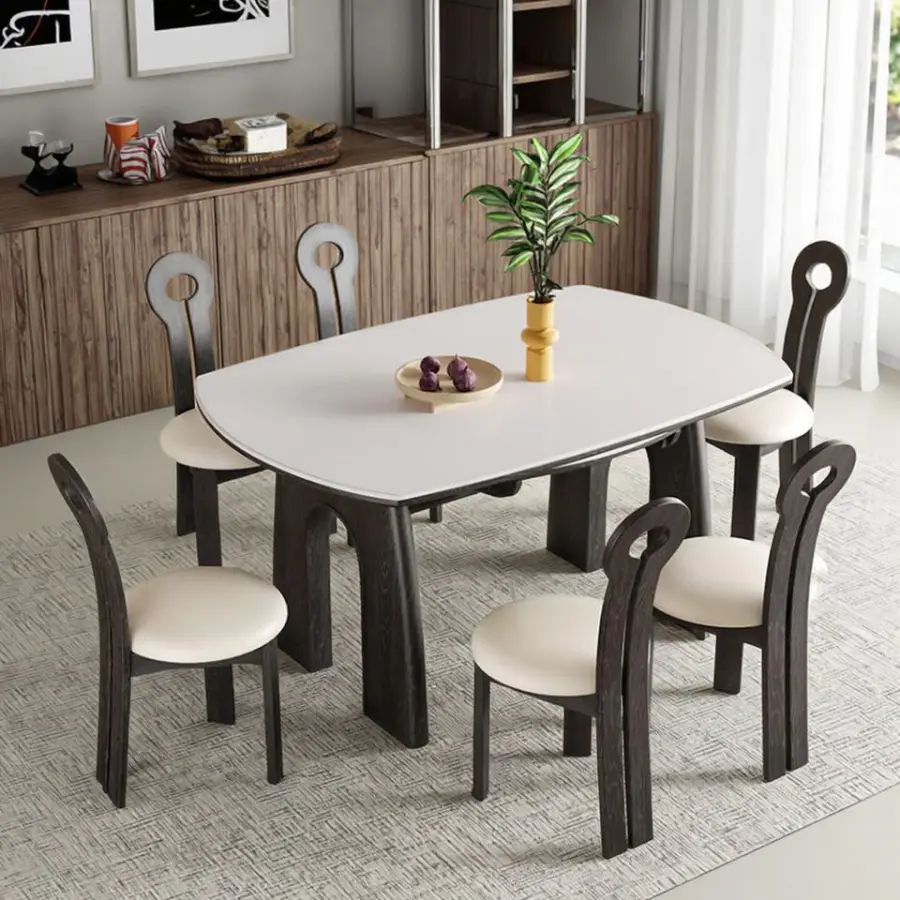 Modern Simple Design Light Luxury Solid Wood Dining Table Chair Set Retractable Rock Plate Foldable for Small Living Room — image 5