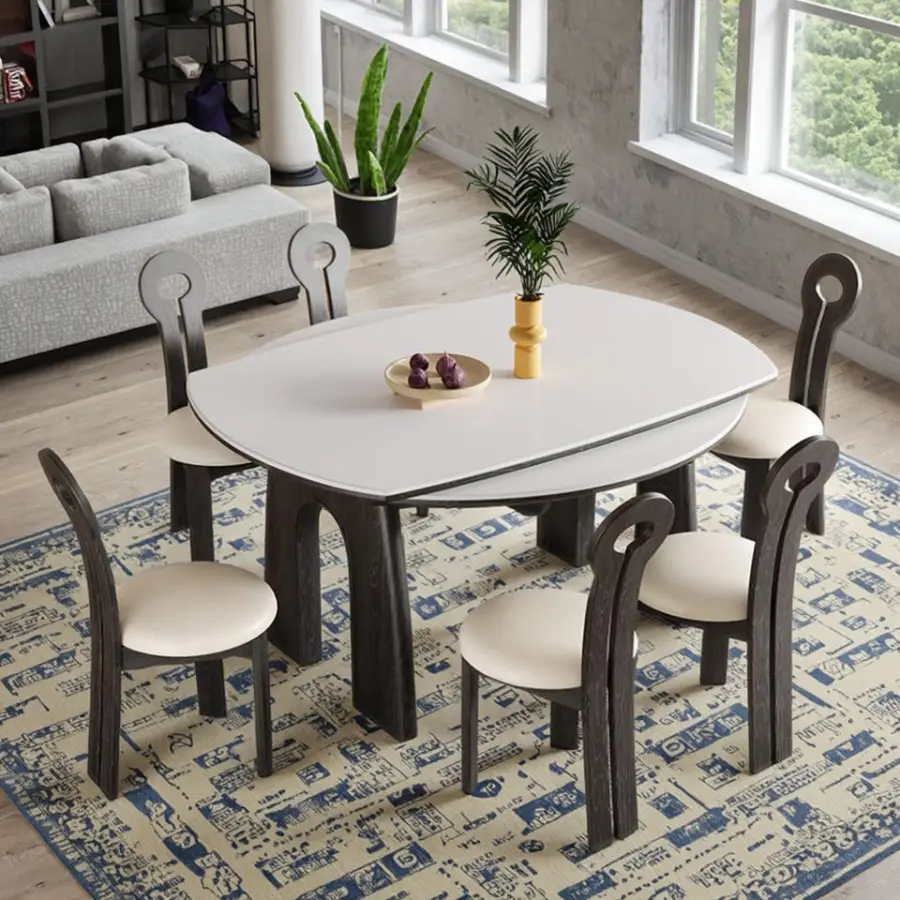 Modern Simple Design Light Luxury Solid Wood Dining Table Chair Set Retractable Rock Plate Foldable for Small Living Room — image 6