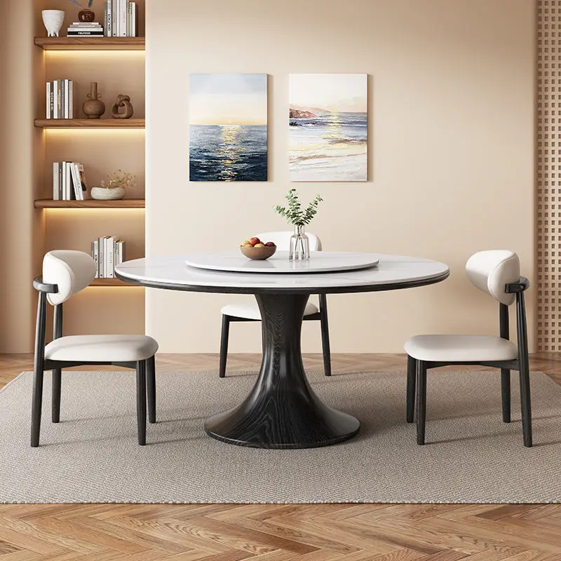 Contemporary Style Solid Ash Wood Dining Table with Turntable Ancient Rock Board for Small Apartments or Hotels — view 1