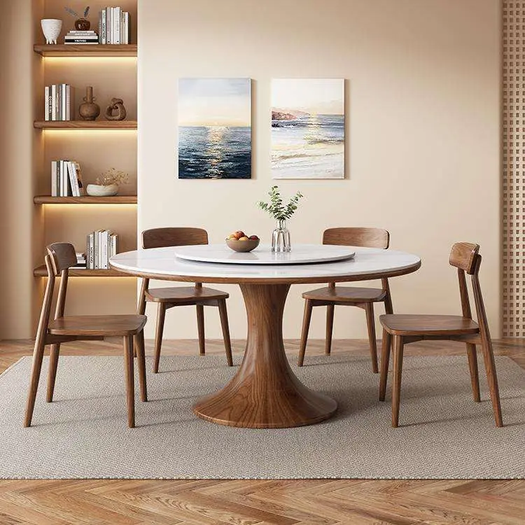 Contemporary Style Solid Ash Wood Dining Table with Turntable Ancient Rock Board for Small Apartments or Hotels — image 2