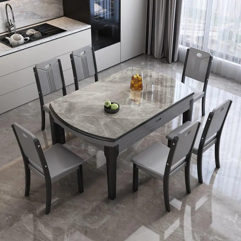 Light Luxury Telescopic Folding Modern Rock Board Dining Table Solid Chair Simple Small Apartment Household Variable — image 2