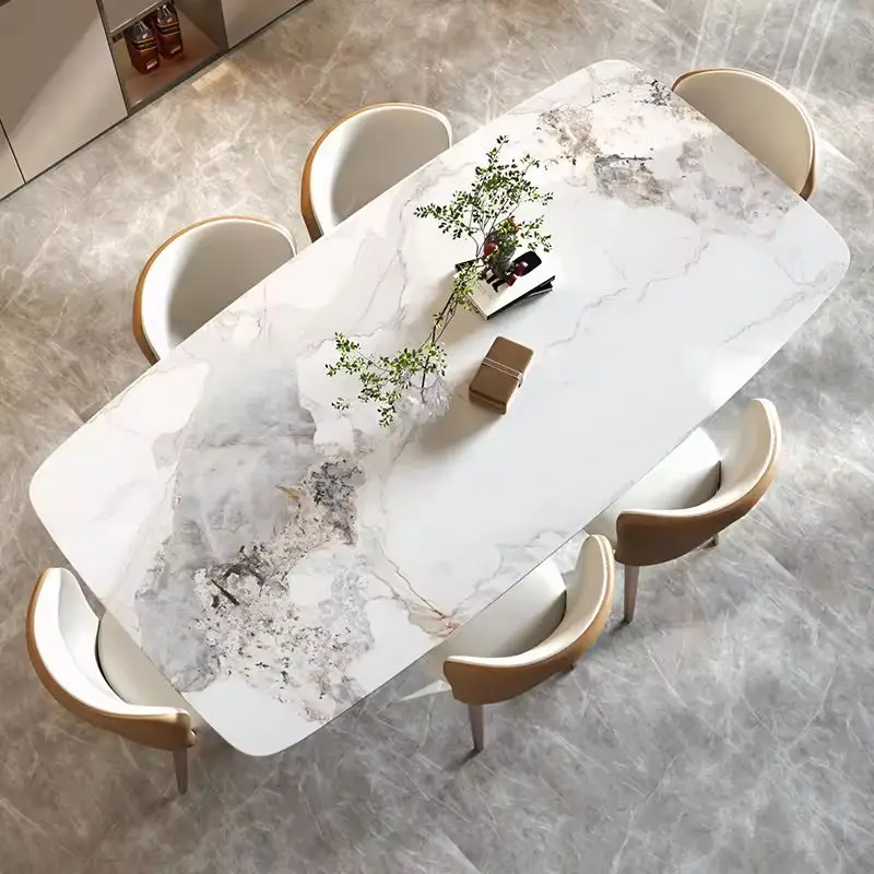 Luxury 6 Seater Modern Waterproof Rectangle Dining Table Set Sintered Stone Top Concrete Marble Material Dining Room Furniture — image 3
