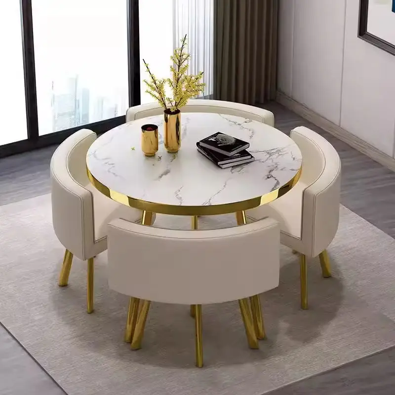Hot Selling Luxury Modern 1 Table 4 Chairs Dining Set Stone Top Metal Adjustable for Apartment Hotel Home Restaurant Off — view 1