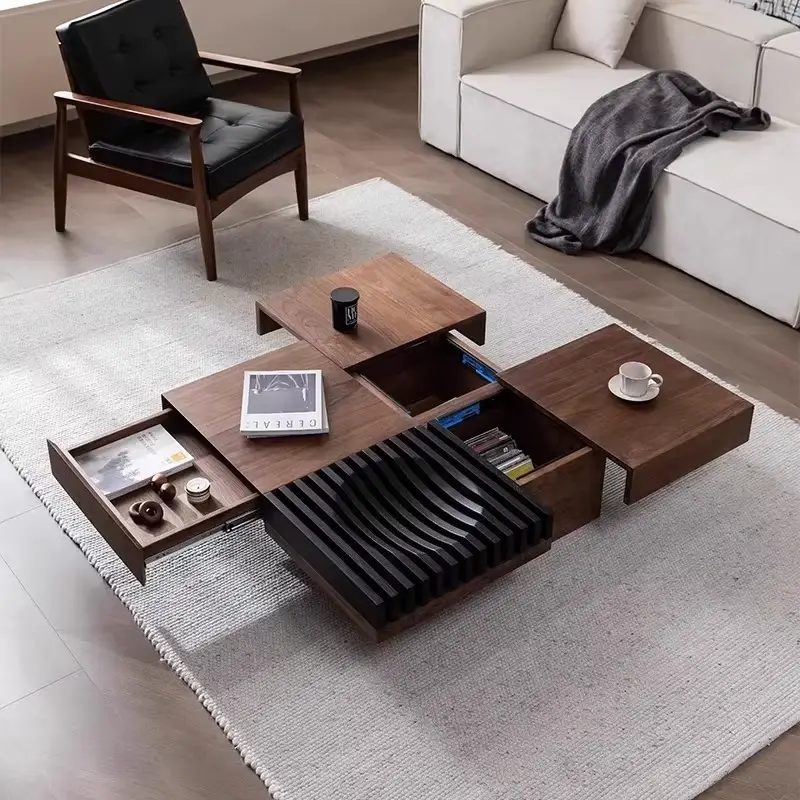 OEM Modular Square Coffee Table Walnut Black Slat Panel Hidden Storage Compartment Custom Living Room — view 1