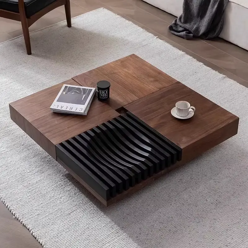 OEM Modular Square Coffee Table Walnut Black Slat Panel Hidden Storage Compartment Custom Living Room — image 2