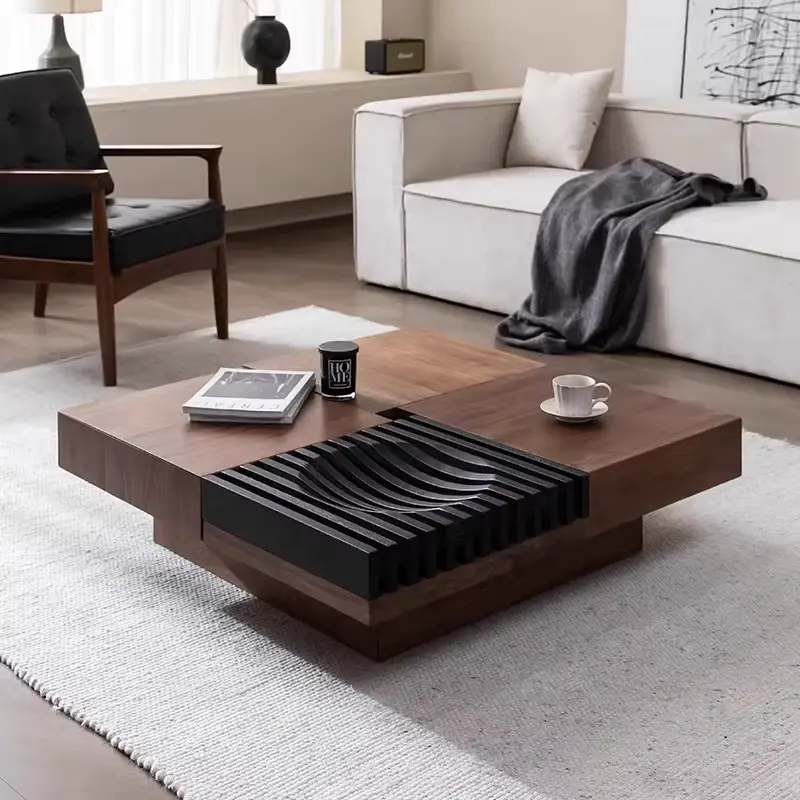 OEM Modular Square Coffee Table Walnut Black Slat Panel Hidden Storage Compartment Custom Living Room — image 3