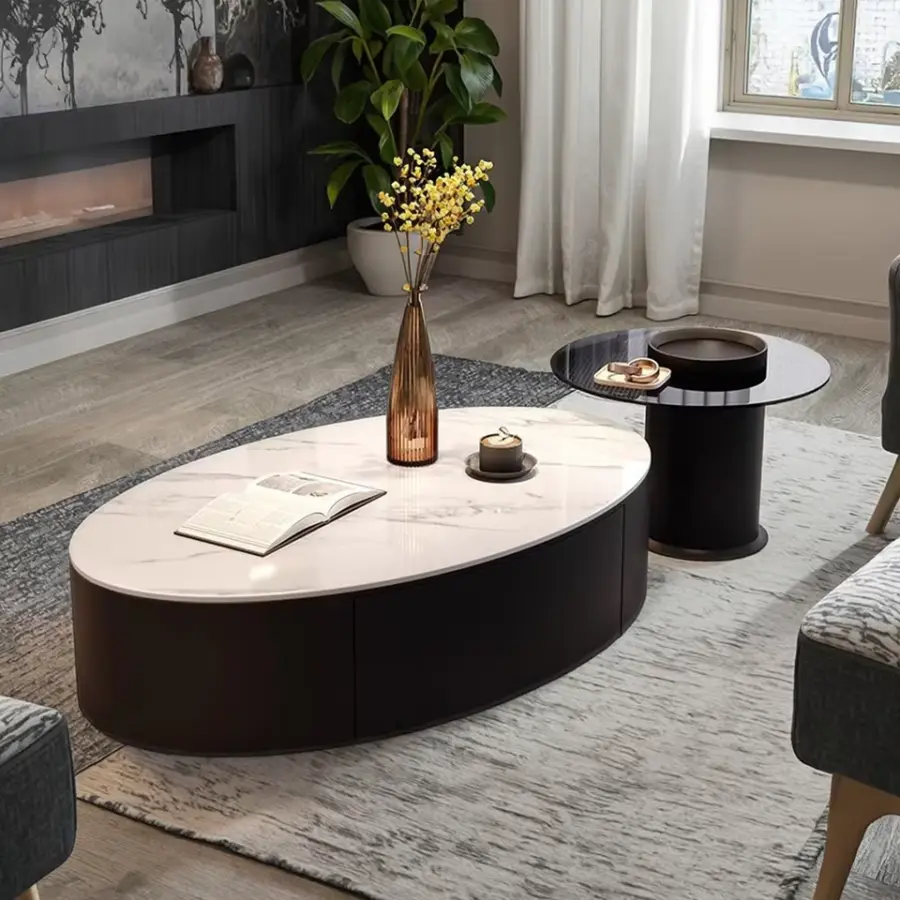 OEM Italian Luxury Modern Durable Wood Nesting Coffee Table Set Hidden Drawer Black White Custom Living Room — view 1
