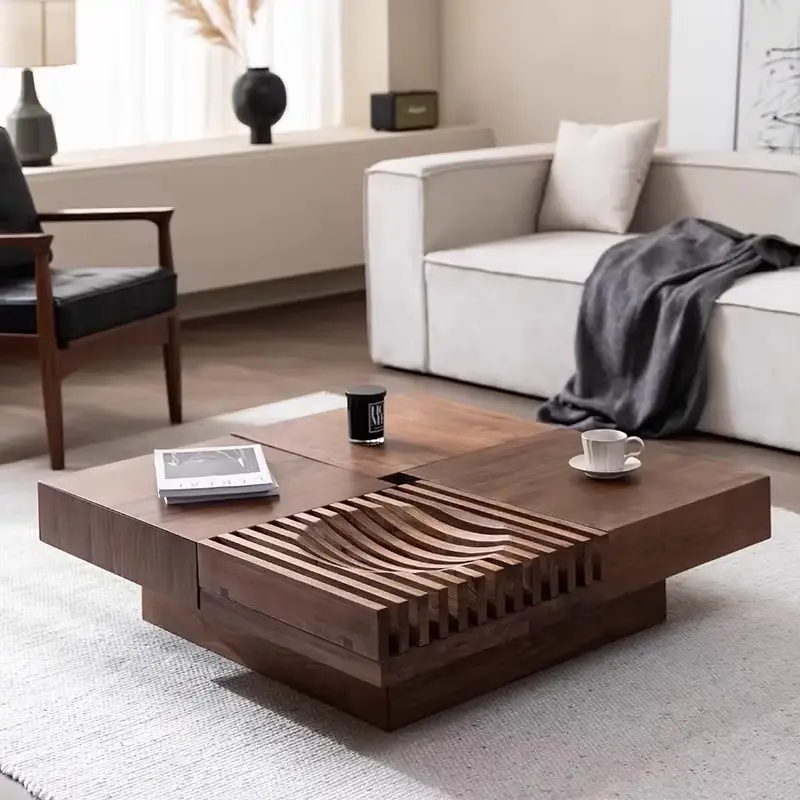 OEM Modular Square Coffee Table Walnut Black Slat Panel Hidden Storage Compartment Custom Living Room — image 4