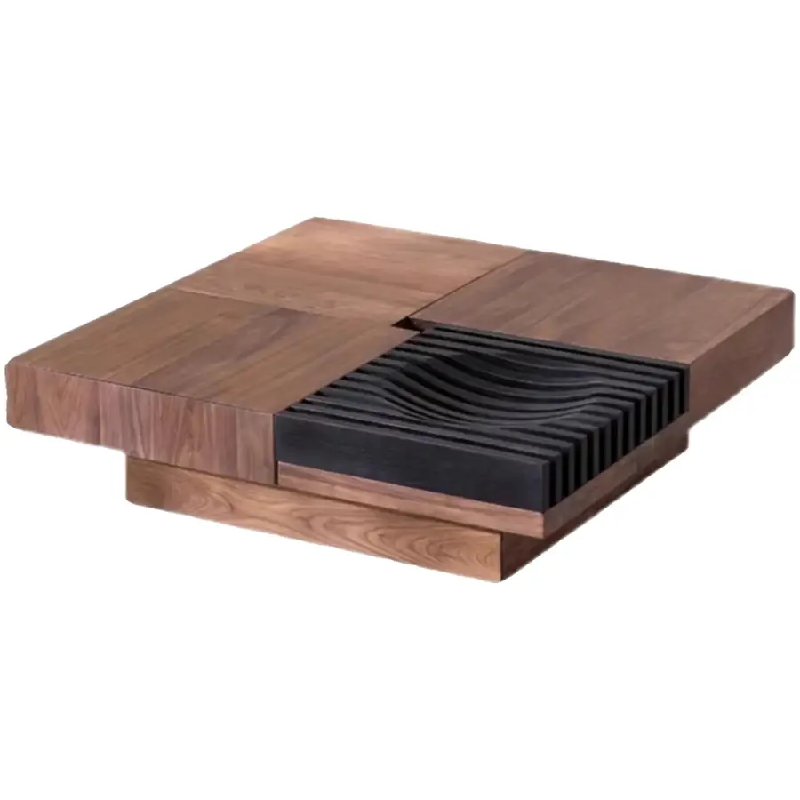 OEM Modular Square Coffee Table Walnut Black Slat Panel Hidden Storage Compartment Custom Living Room — image 5