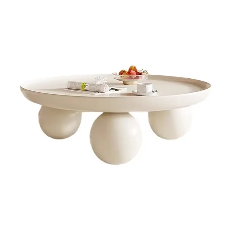Luxury Round Tray Top Coffee Table Sphere Legs Cream White Matte Custom for Modern Living Room — image 2