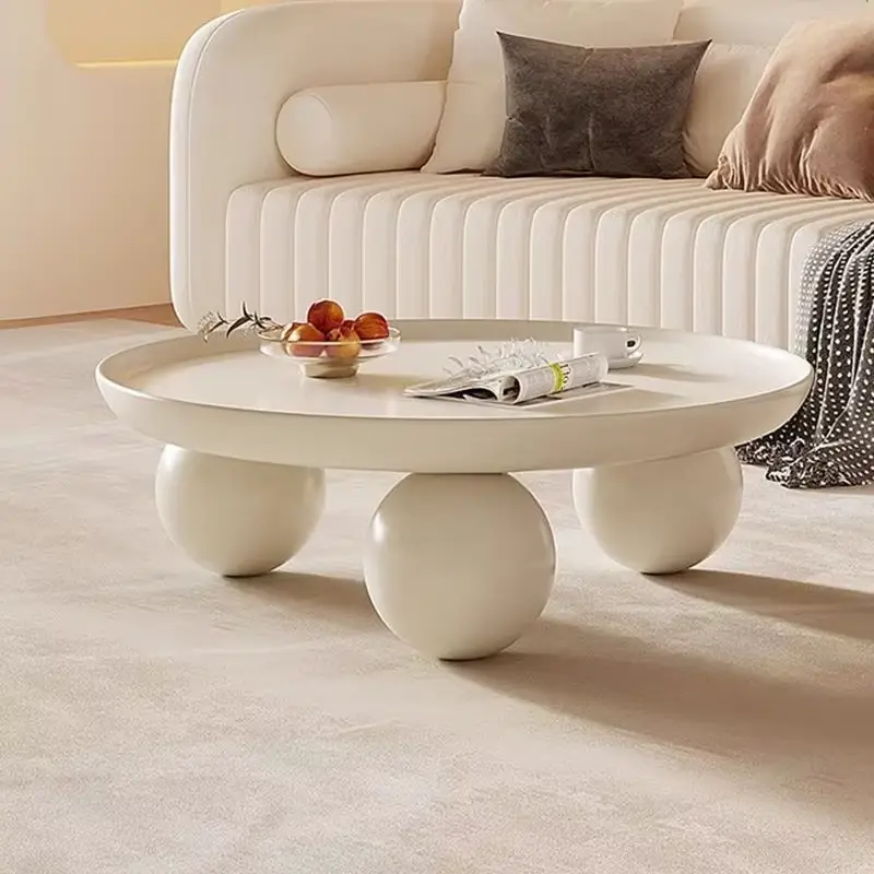 Luxury Round Tray Top Coffee Table Sphere Legs Cream White Matte Custom for Modern Living Room — image 3