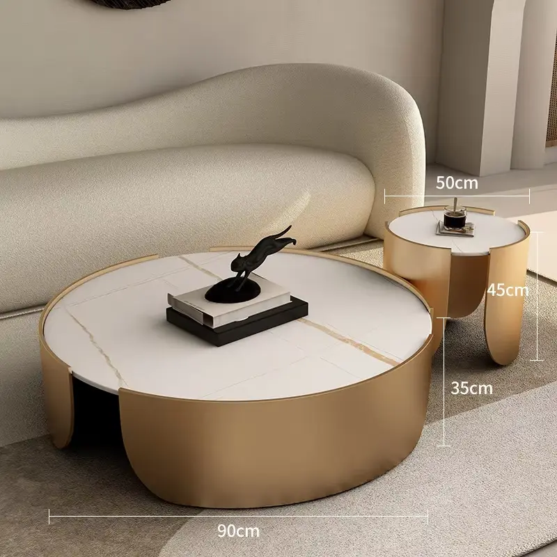 Luxury Round Sintered Stone Nesting Coffee Table Set Champagne Gold Drum Base Custom Living Room — image 2