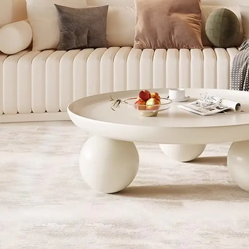 Luxury Round Tray Top Coffee Table Sphere Legs Cream White Matte Custom for Modern Living Room — image 4