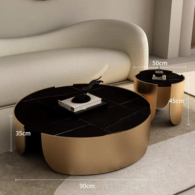 Luxury Round Sintered Stone Nesting Coffee Table Set Champagne Gold Drum Base Custom Living Room — image 3