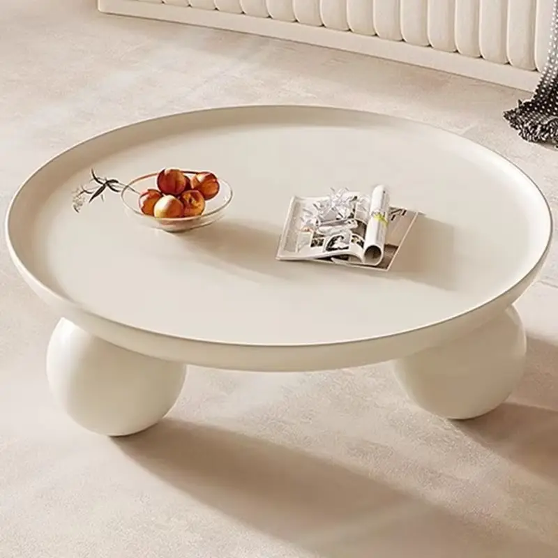 Luxury Round Tray Top Coffee Table Sphere Legs Cream White Matte Custom for Modern Living Room — image 5