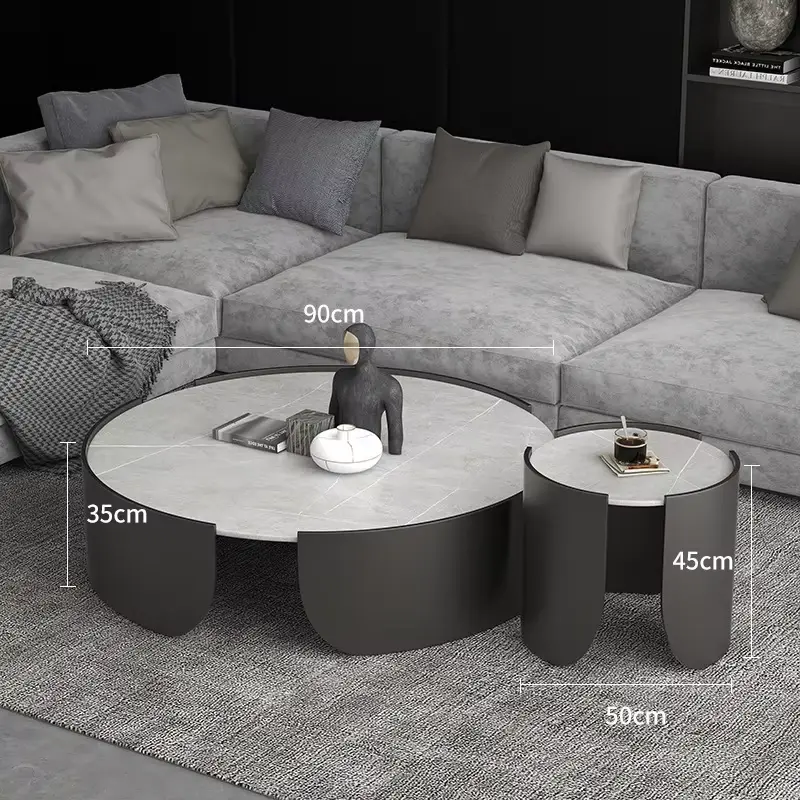 Luxury Round Sintered Stone Nesting Coffee Table Set Champagne Gold Drum Base Custom Living Room — image 4