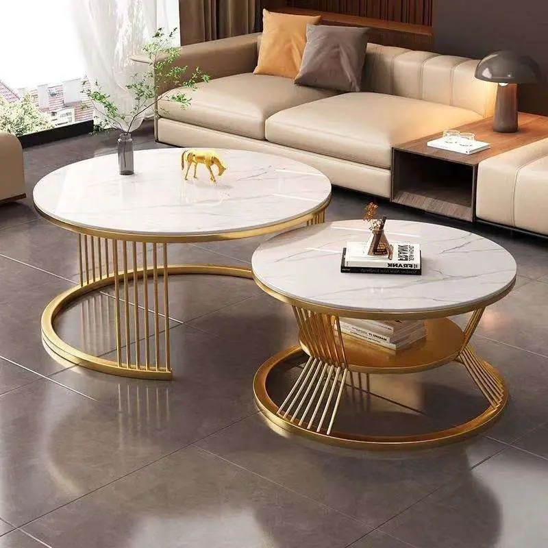 Modern Nordic Luxury Marble Tabletop Coffee Table Set Simple White Metallic Stone Gold Nested for Living Room Center Hom — view 1