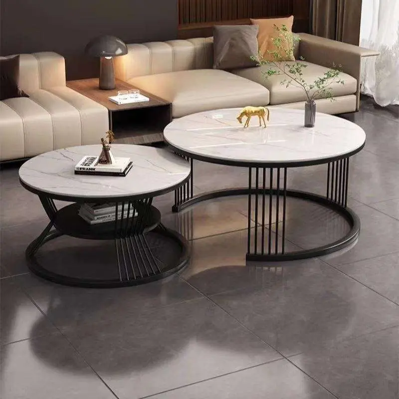 Modern Nordic Luxury Marble Tabletop Coffee Table Set Simple White Metallic Stone Gold Nested for Living Room Center Home Decor — image 3
