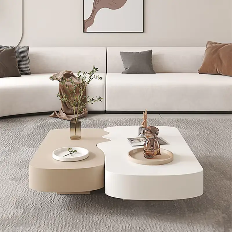 Luxury Two-Tone Organic Coffee Table Staggered Height Drawer Storage Cream Beige Custom for Living Room — image 3