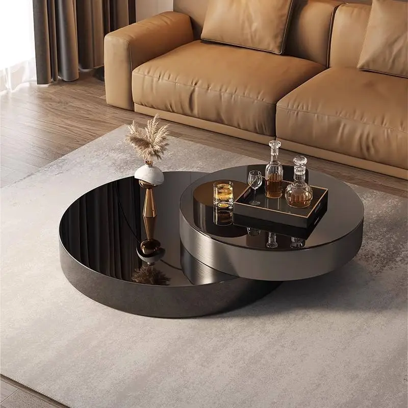 Luxury Rotating Double Round Coffee Table Gunmetal Stainless Steel Mirror Glass Top Custom Living Room — view 1