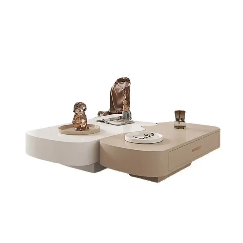 Luxury Two-Tone Organic Coffee Table Staggered Height Drawer Storage Cream Beige Custom for Living Room — image 4
