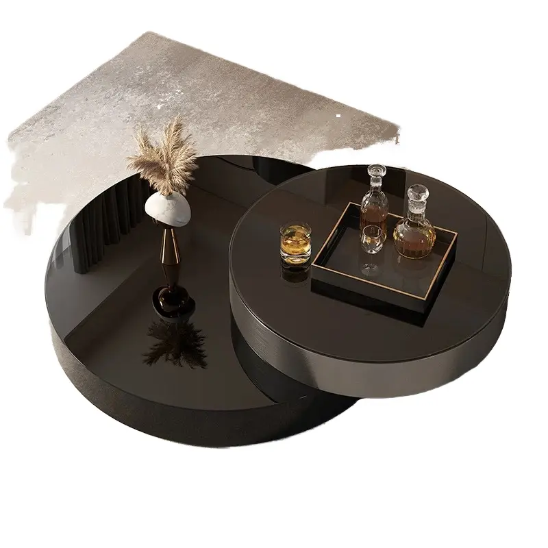 Luxury Rotating Double Round Coffee Table Gunmetal Stainless Steel Mirror Glass Top Custom Living Room — image 2