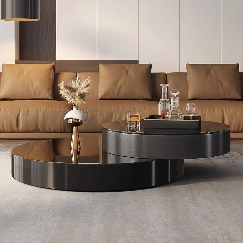Luxury Rotating Double Round Coffee Table Gunmetal Stainless Steel Mirror Glass Top Custom Living Room — image 3