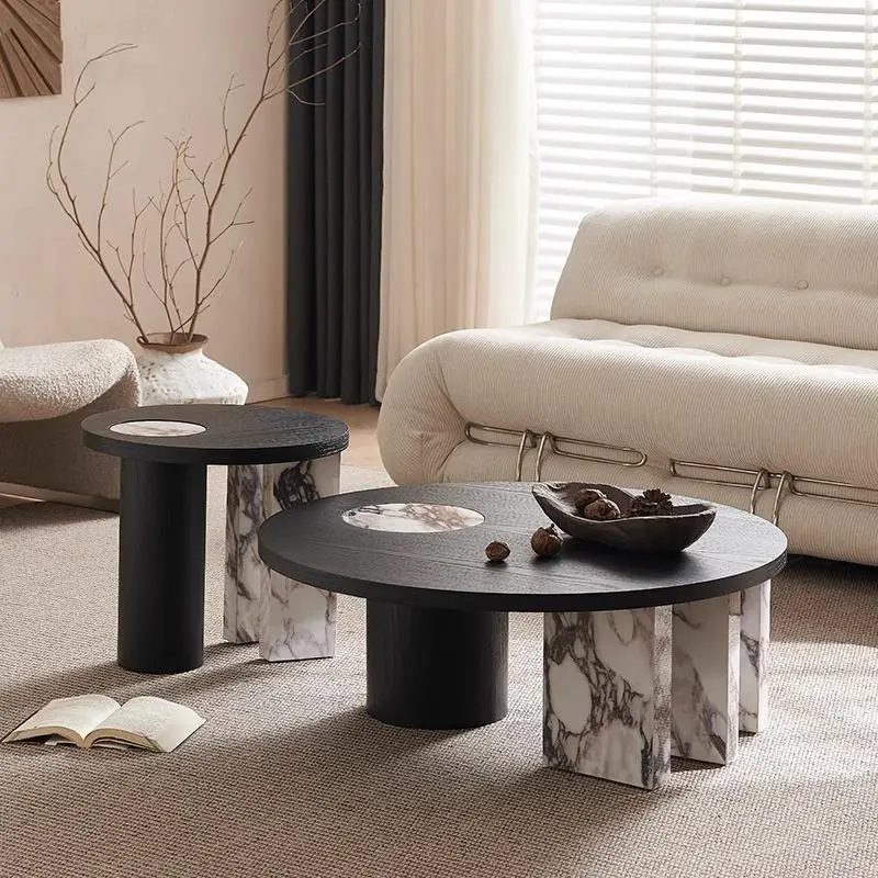 Wholesale Luxury Round Black Wood Coffee Table Set Marble Inlay Mixed Leg Custom Color for Hotel Lobby — view 1