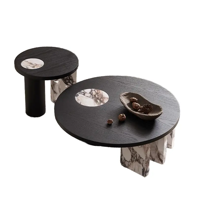 Wholesale Luxury Round Black Wood Coffee Table Set Marble Inlay Mixed Leg Custom Color for Hotel Lobby — image 2