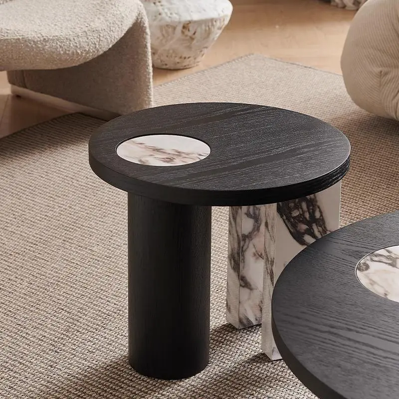 Wholesale Luxury Round Black Wood Coffee Table Set Marble Inlay Mixed Leg Custom Color for Hotel Lobby — image 3