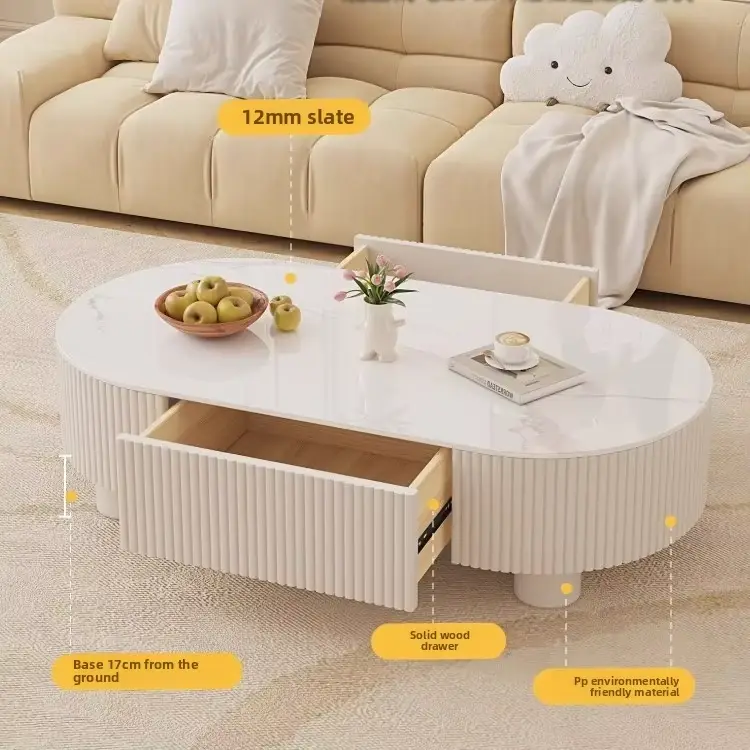 Luxury Oval Walnut Fluted Cream Drum Coffee Table Set Drawer Glass Side Table Custom Living Room — view 2