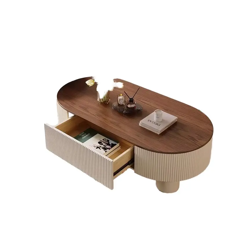 Luxury Oval Walnut Fluted Cream Drum Coffee Table Set Drawer Glass Side Table Custom Living Room — view 3