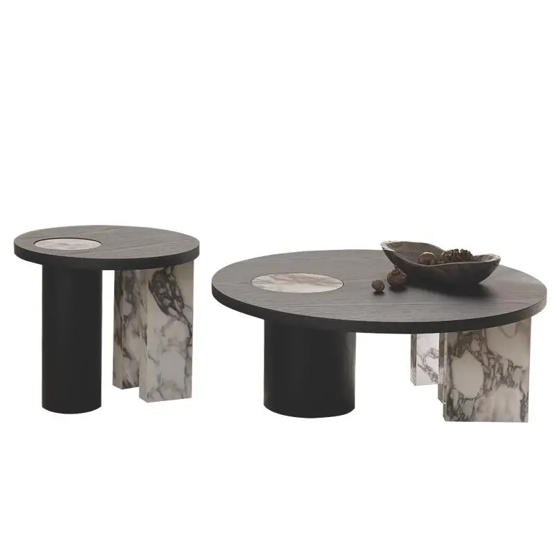 Wholesale Luxury Round Black Wood Coffee Table Set Marble Inlay Mixed Leg Custom Color for Hotel Lobby — image 4