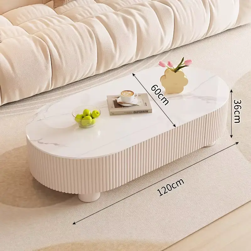 Luxury Oval Walnut Fluted Cream Drum Coffee Table Set Drawer Glass Side Table Custom Living Room — view 4