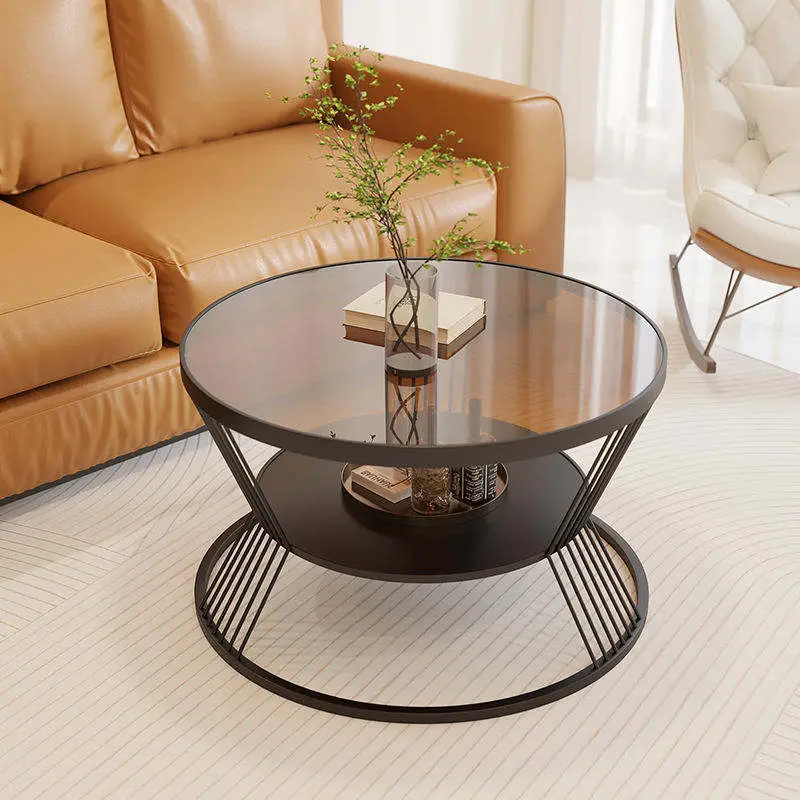 Nordic Mid-Century Round Smoked Glass Coffee Table Black Radial Wire Bowl Frame Open Storage Custom Living Room — view 1