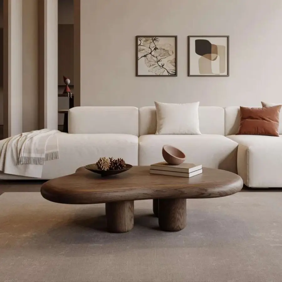 Luxury Organic Cloud Coffee Table Dark Walnut 3 Chunky Cylinder Legs Thick Top Wabi-Sabi Custom Living Room — view 1