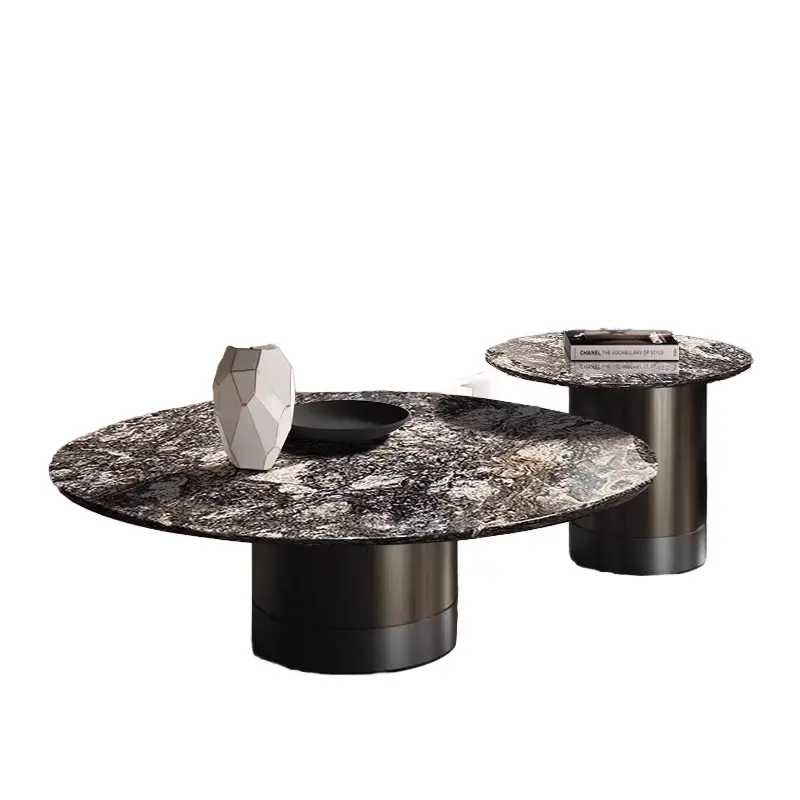 Luxury Round Nesting Coffee Table Set Dark Galaxy Marble Sintered Stone Gunmetal Cylinder Base Custom Living Room — view 1