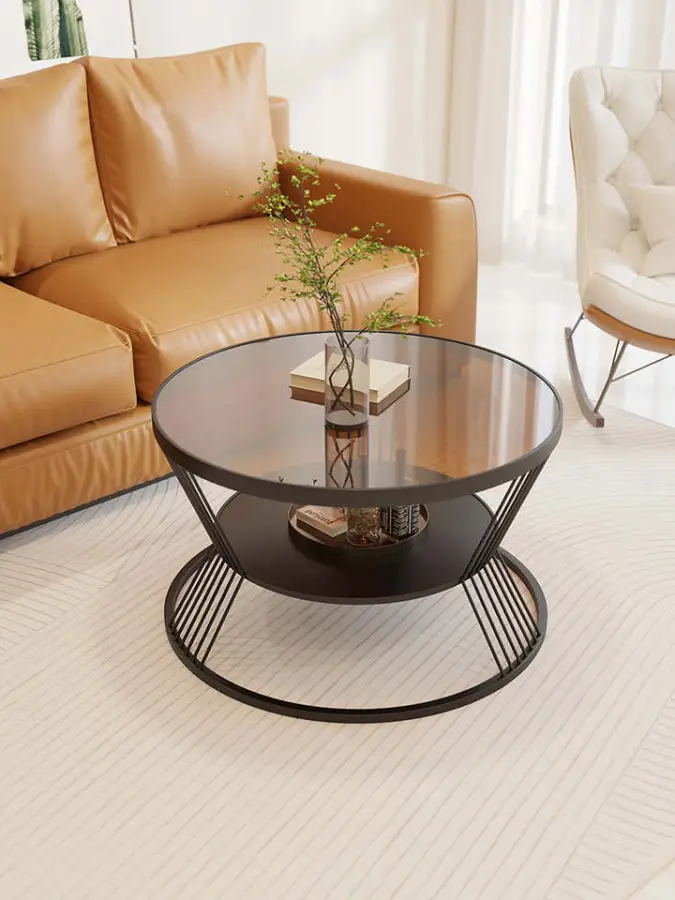 Nordic Mid-Century Round Smoked Glass Coffee Table Black Radial Wire Bowl Frame Open Storage Custom Living Room — view 2