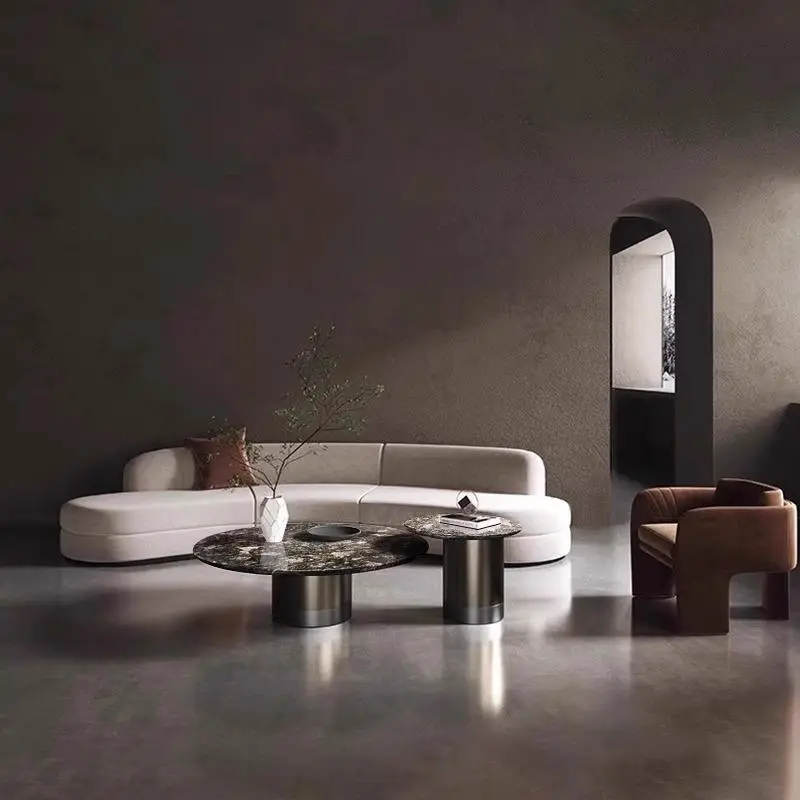 Luxury Round Nesting Coffee Table Set Dark Galaxy Marble Sintered Stone Gunmetal Cylinder Base Custom Living Room — image 2