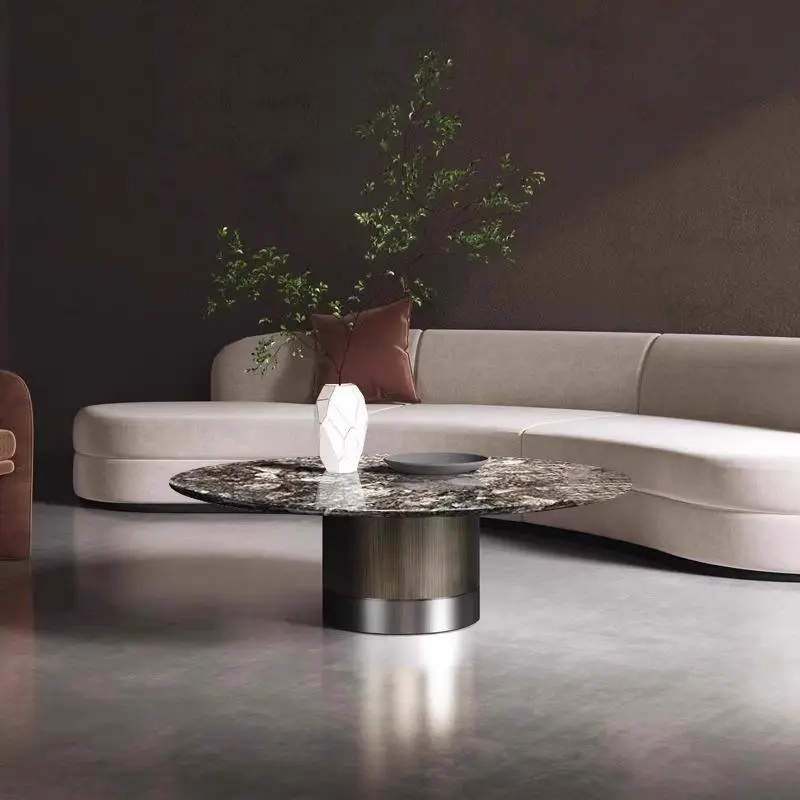 Luxury Round Nesting Coffee Table Set Dark Galaxy Marble Sintered Stone Gunmetal Cylinder Base Custom Living Room — image 3